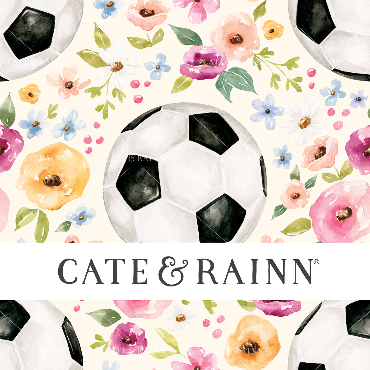 A hand-painted watercolor floral soccer design by Cate and Rainn®