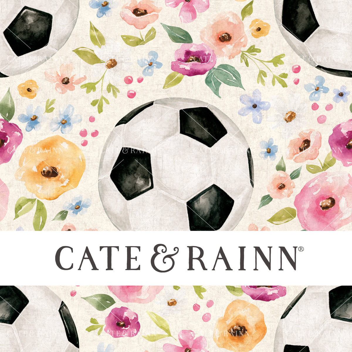 A hand-painted watercolor floral soccer design by Cate and Rainn®
