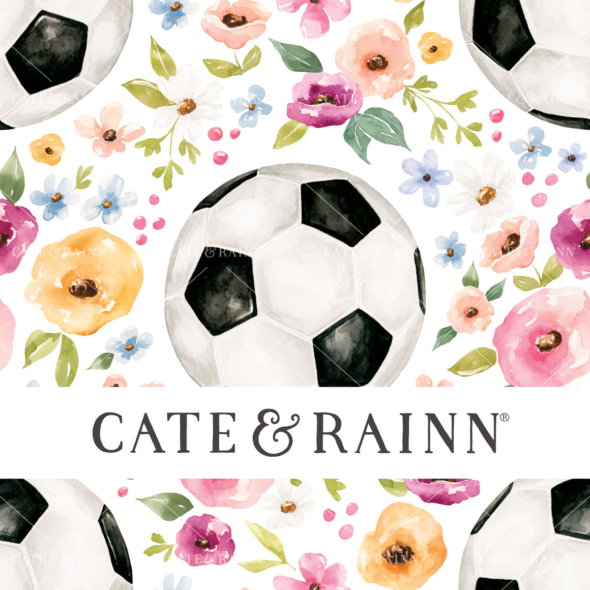A hand-painted watercolor floral soccer design by Cate and Rainn®