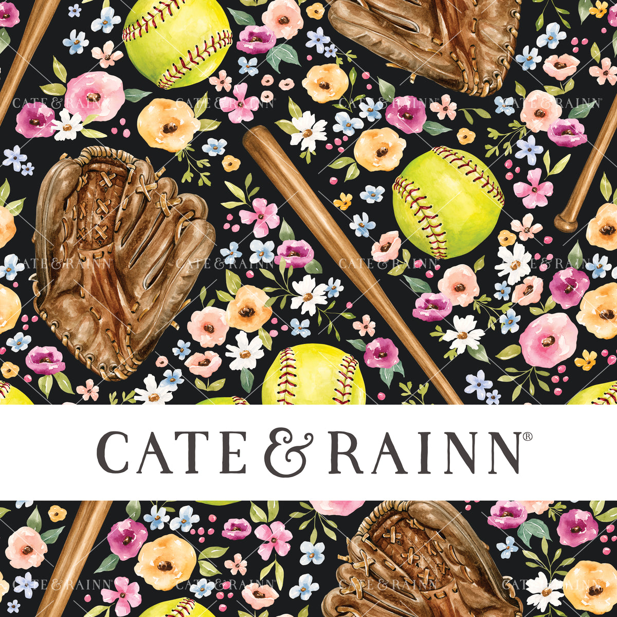 A hand-painted watercolor floral softball design by Cate and Rainn®