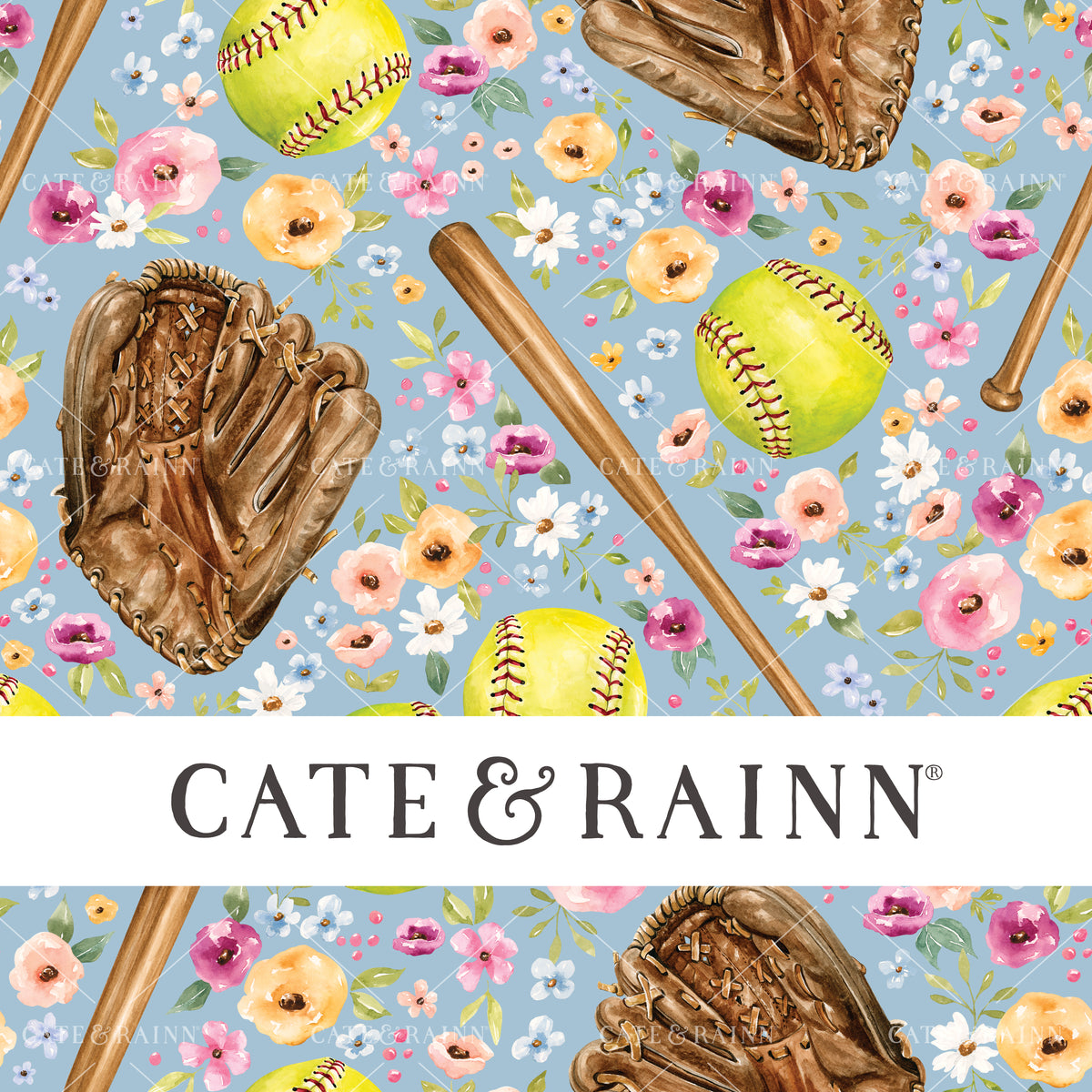 A hand-painted watercolor floral softball design by Cate and Rainn®