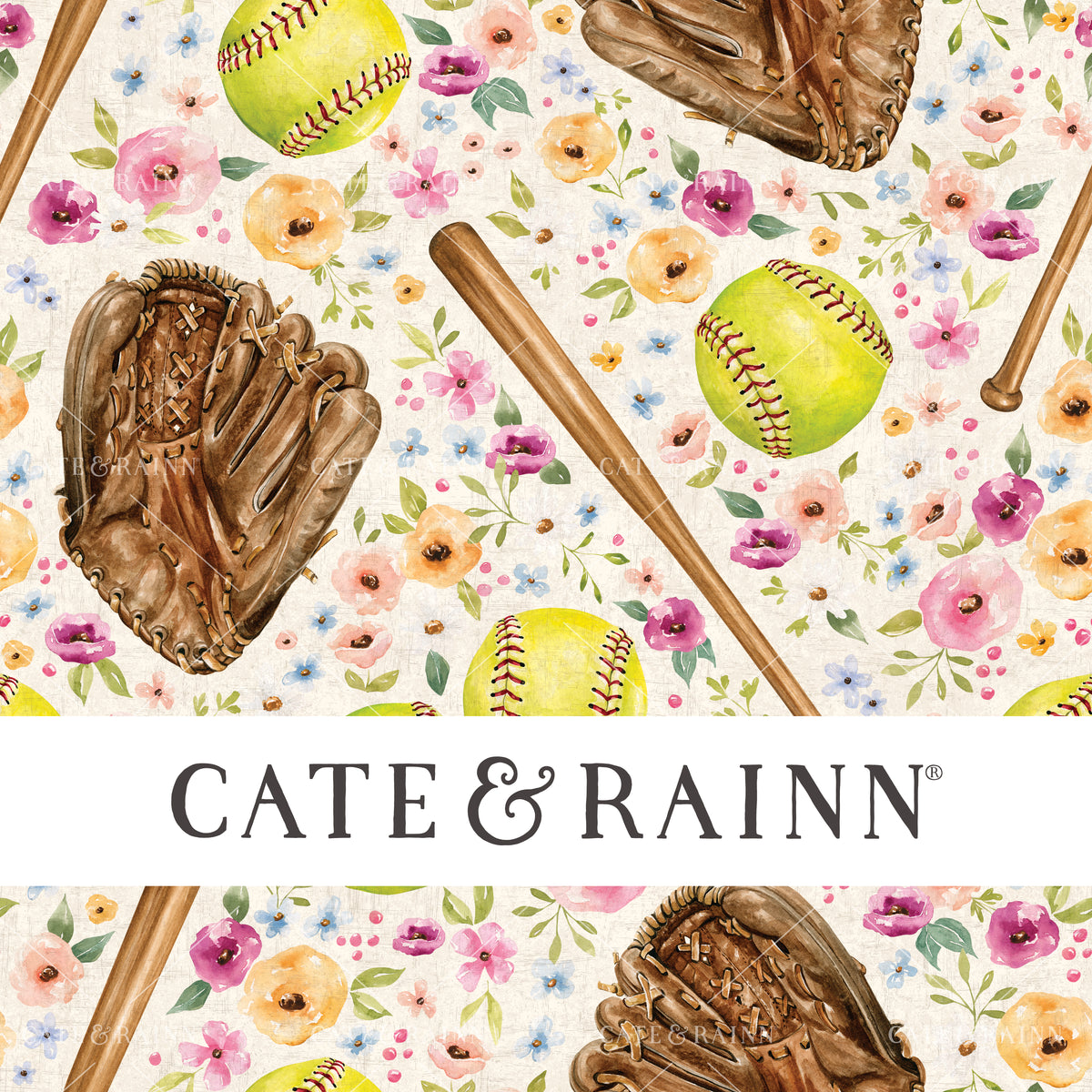 A hand-painted watercolor floral softball design by Cate and Rainn®