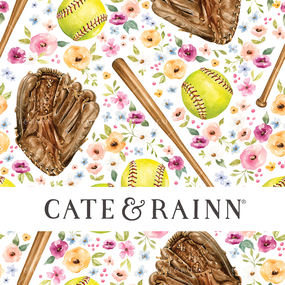 A hand-painted watercolor floral softball design by Cate and Rainn®