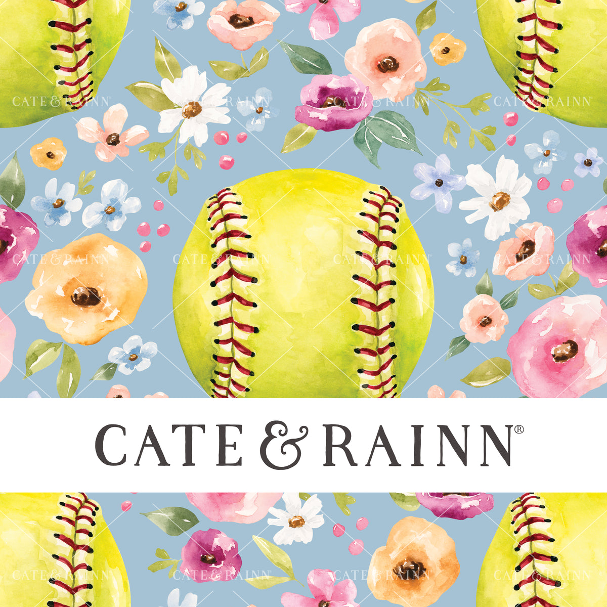 A hand-painted watercolor floral softball design by Cate and Rainn®