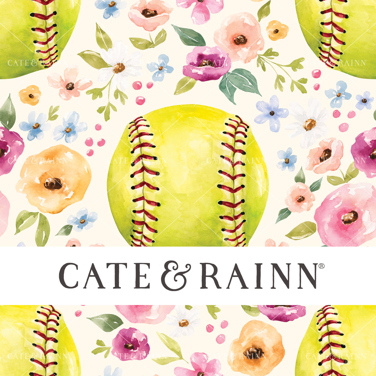 A hand-painted watercolor floral softball design by Cate and Rainn®