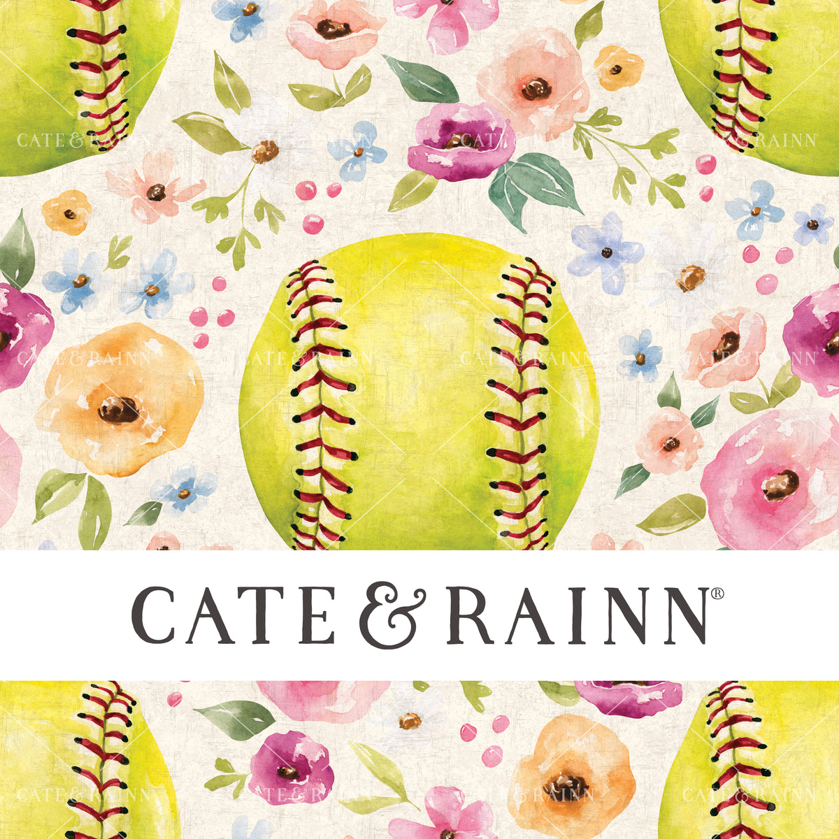 A hand-painted watercolor floral softball design by Cate and Rainn®