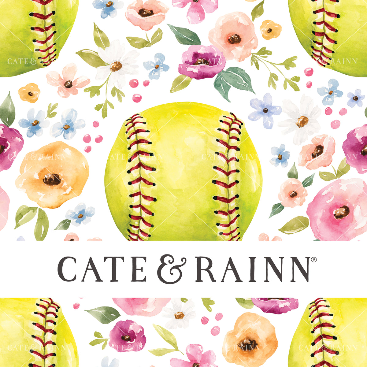 A hand-painted watercolor floral softball design by Cate and Rainn®