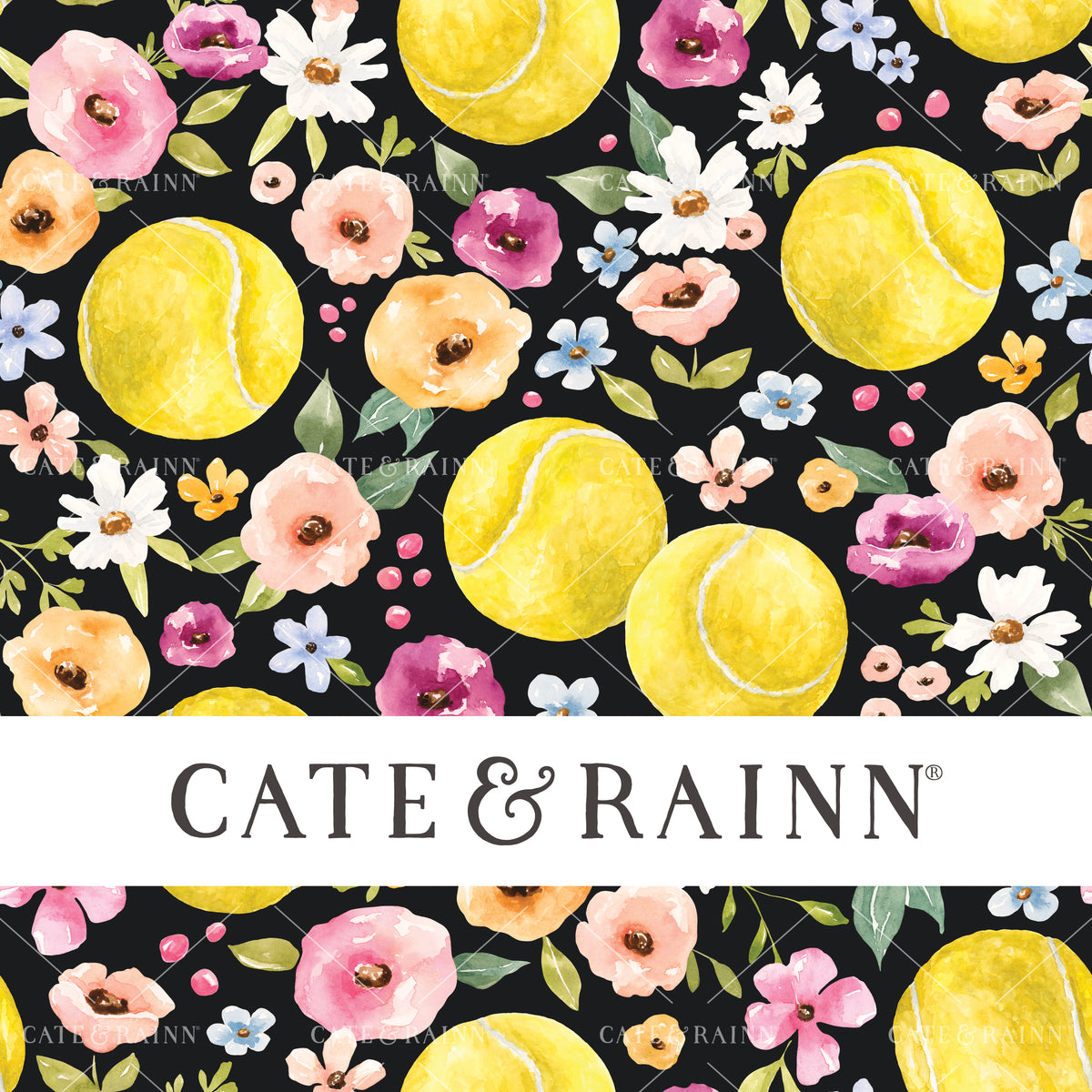 A hand-painted watercolor floral tennis design by Cate and Rainn®
