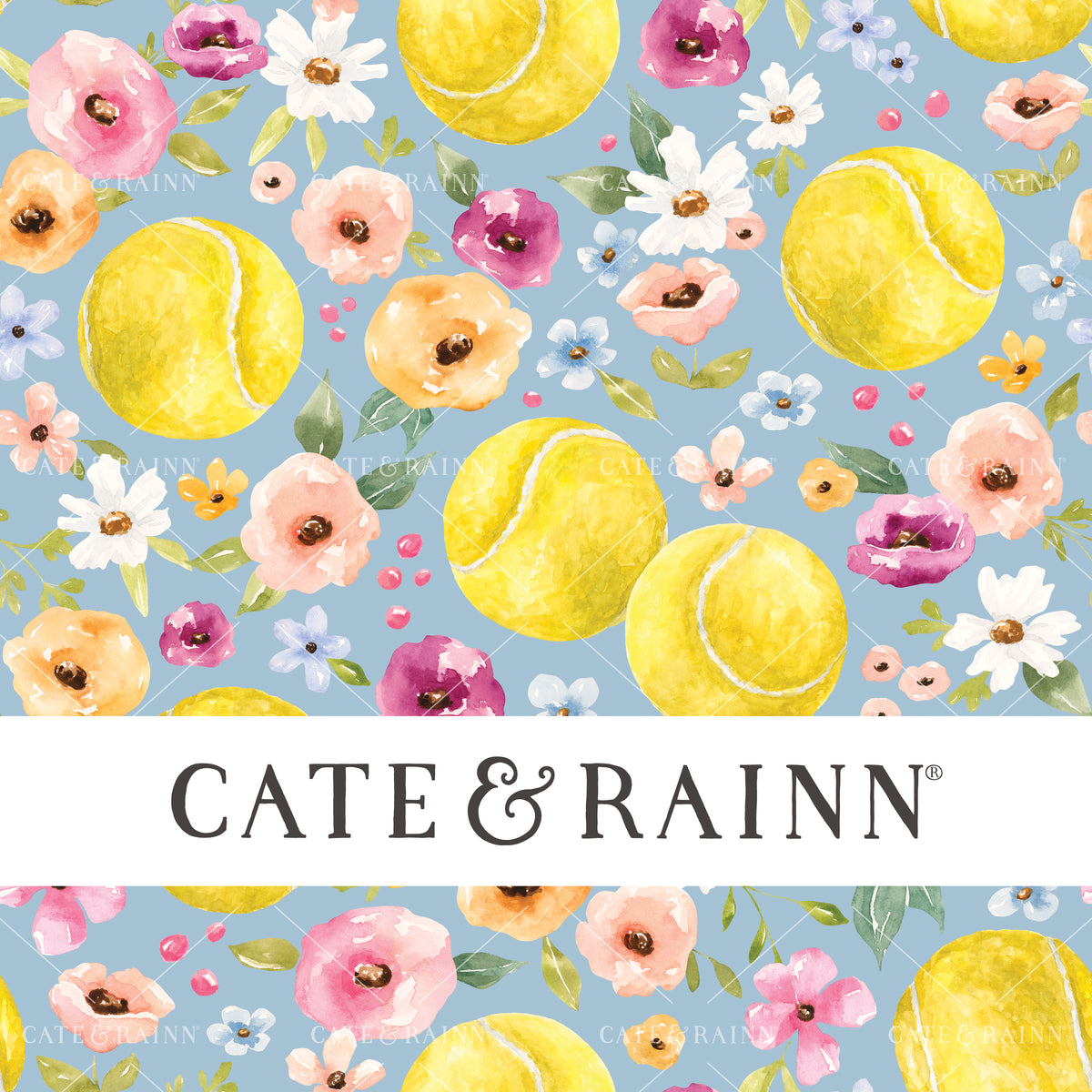 A hand-painted watercolor floral tennis design by Cate and Rainn®