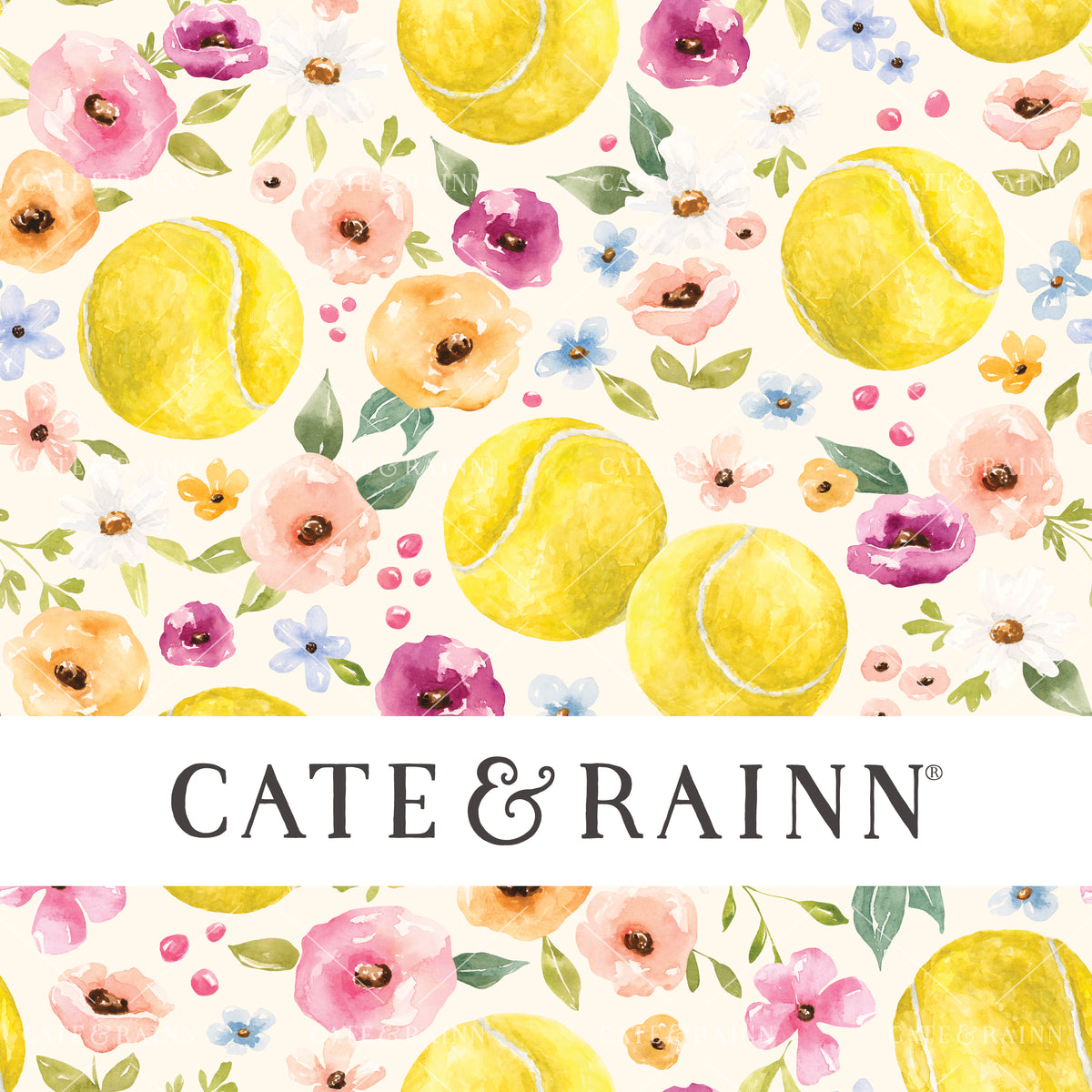 A hand-painted watercolor floral tennis design by Cate and Rainn®