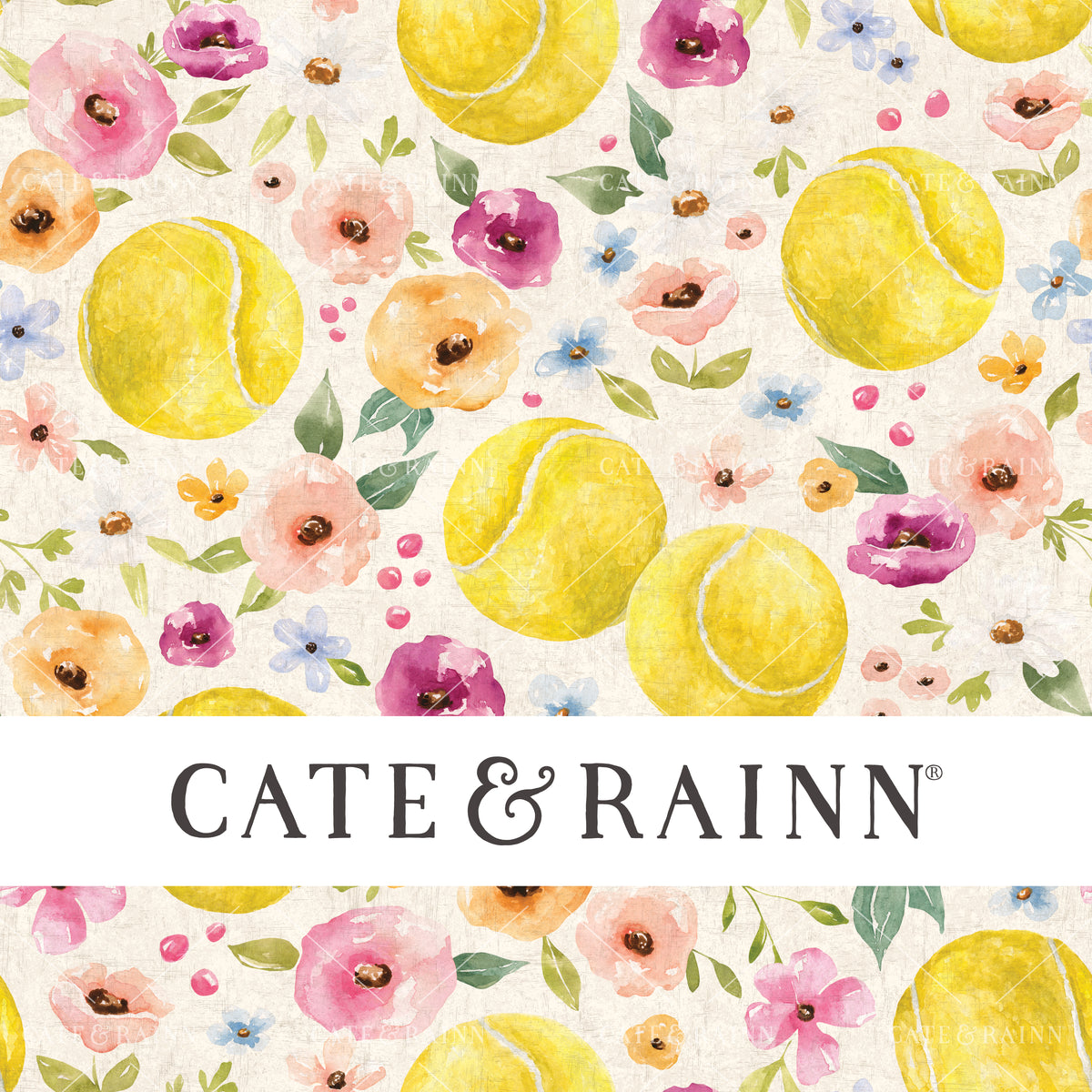 A hand-painted watercolor floral tennis design by Cate and Rainn®