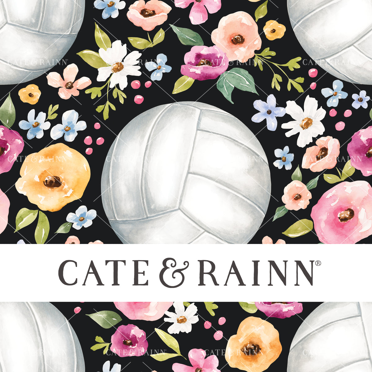 A hand-painted watercolor volleyball floral design by Cate and Rainn® ©2023