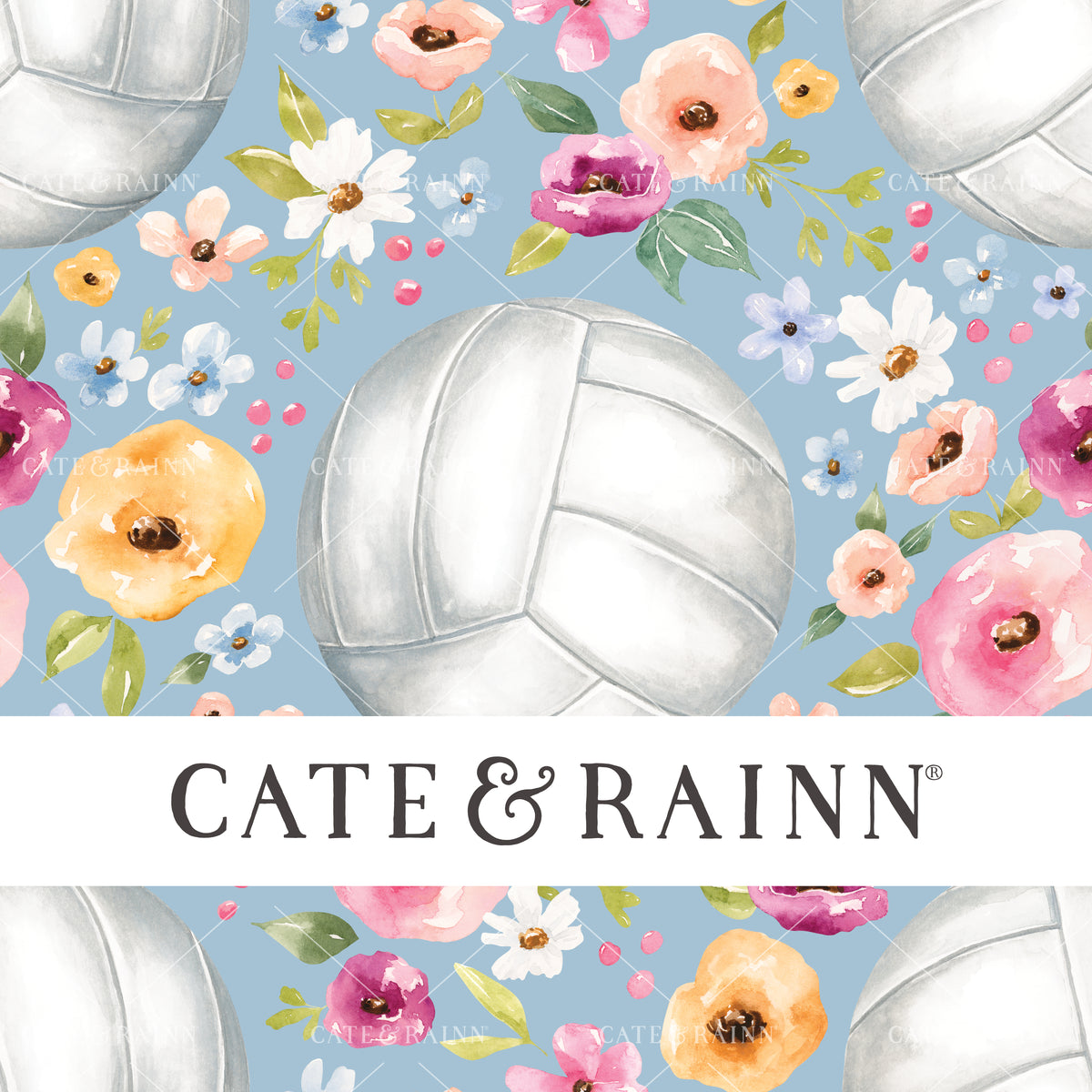 A hand-painted watercolor volleyball floral design by Cate and Rainn® ©2023