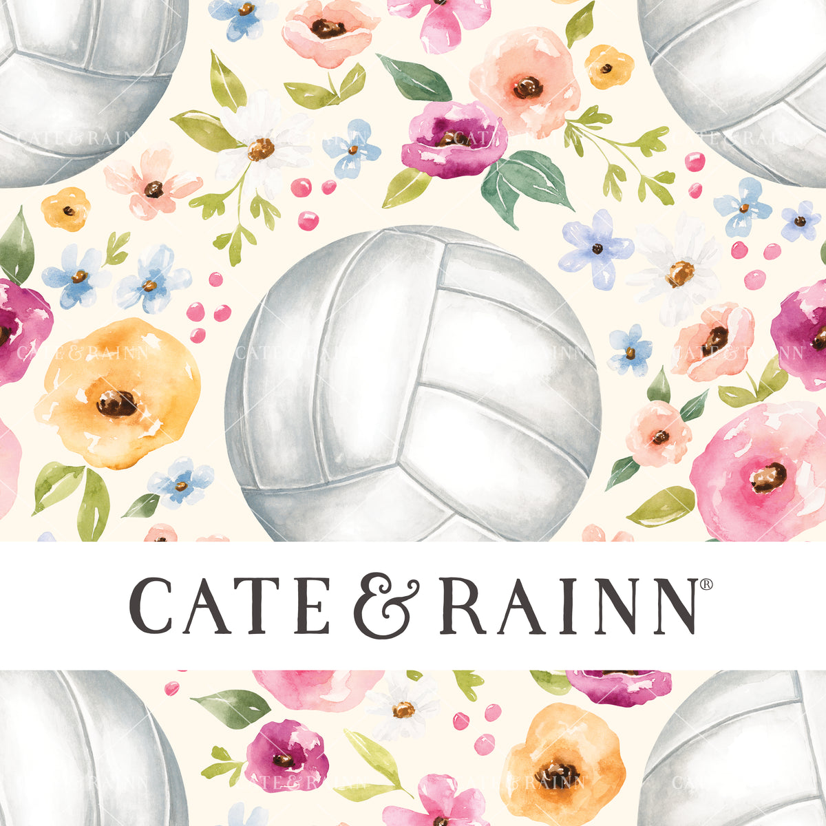 A hand-painted watercolor volleyball floral design by Cate and Rainn® ©2023