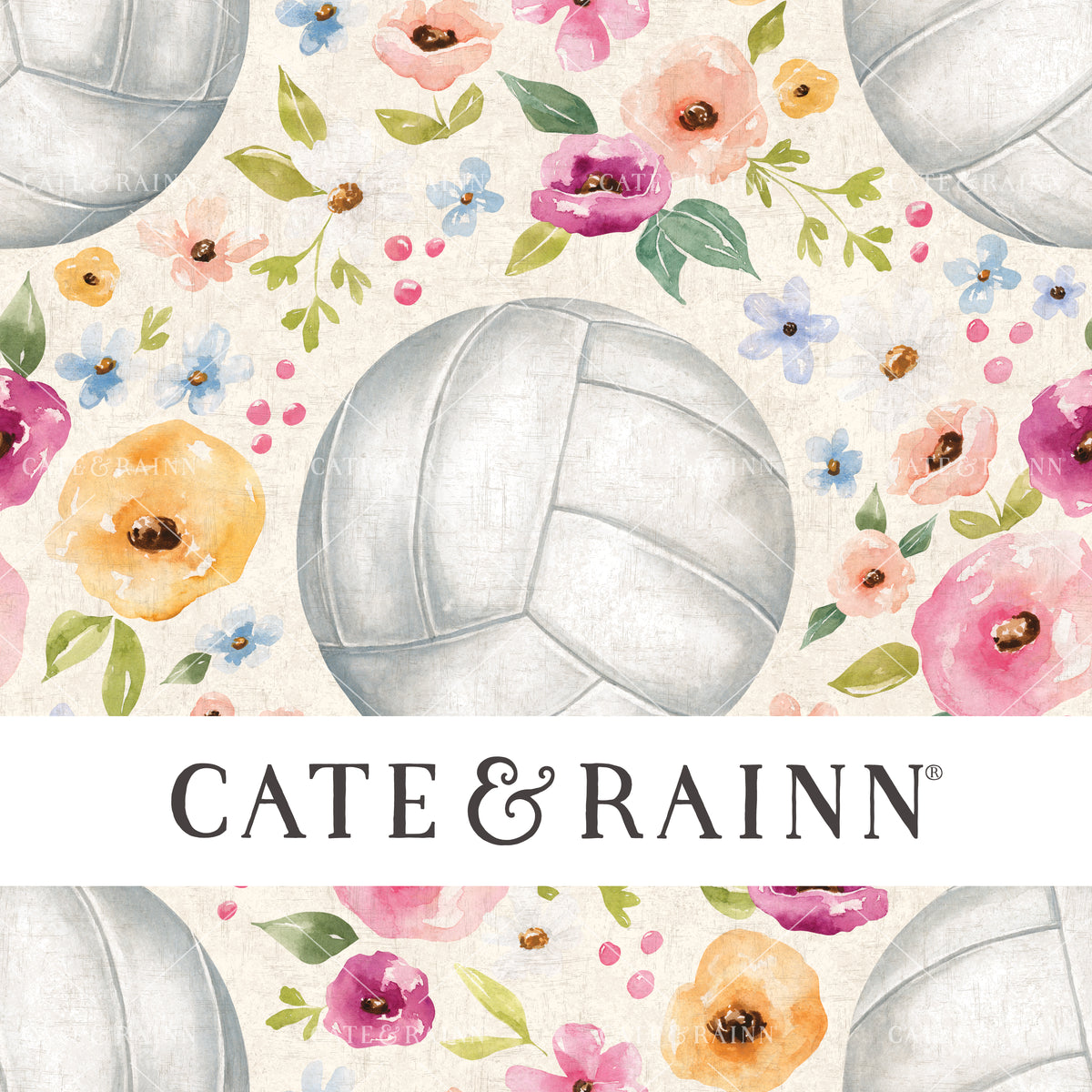 A hand-painted watercolor volleyball floral design by Cate and Rainn® ©2023