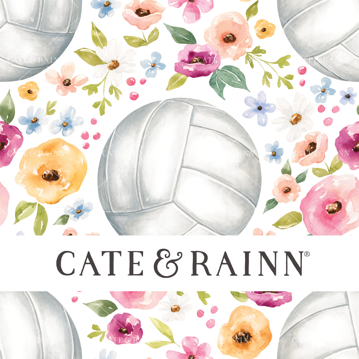 A hand-painted watercolor volleyball floral design by Cate and Rainn® ©2023