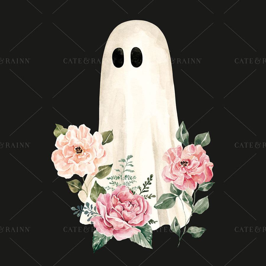 Ghost with floral decorations on a black background