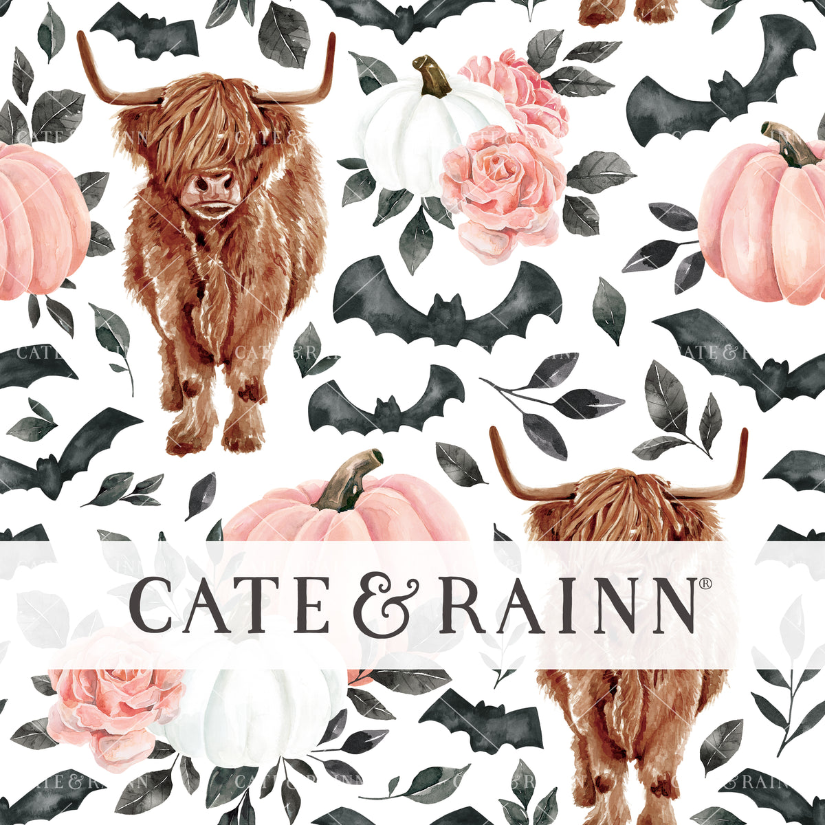 Spooky Highland Cow Halloween Floral Seamless Pattern File By Cate and Rainn