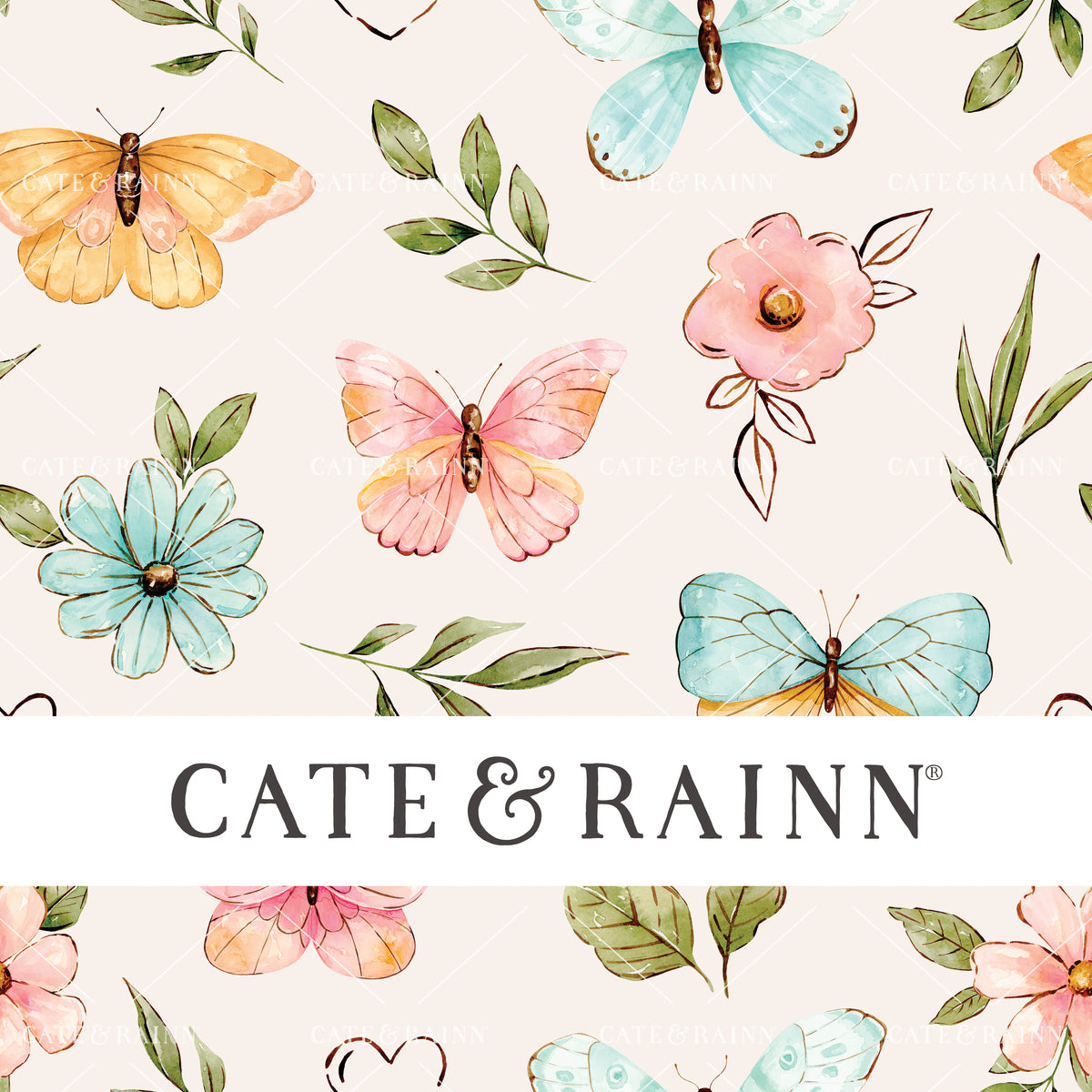 Colorful Watercolor Butterfly and Blossoms Seamless Pattern File by Cate and Rainn®