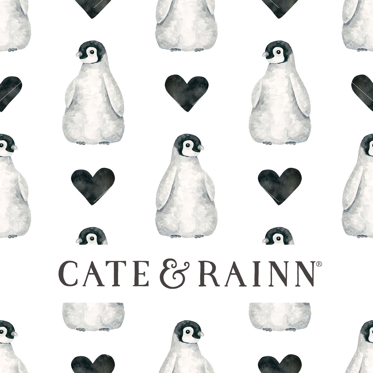 Pattern of penguins and hearts with 'Cate &amp; Rainn' branding on a white background