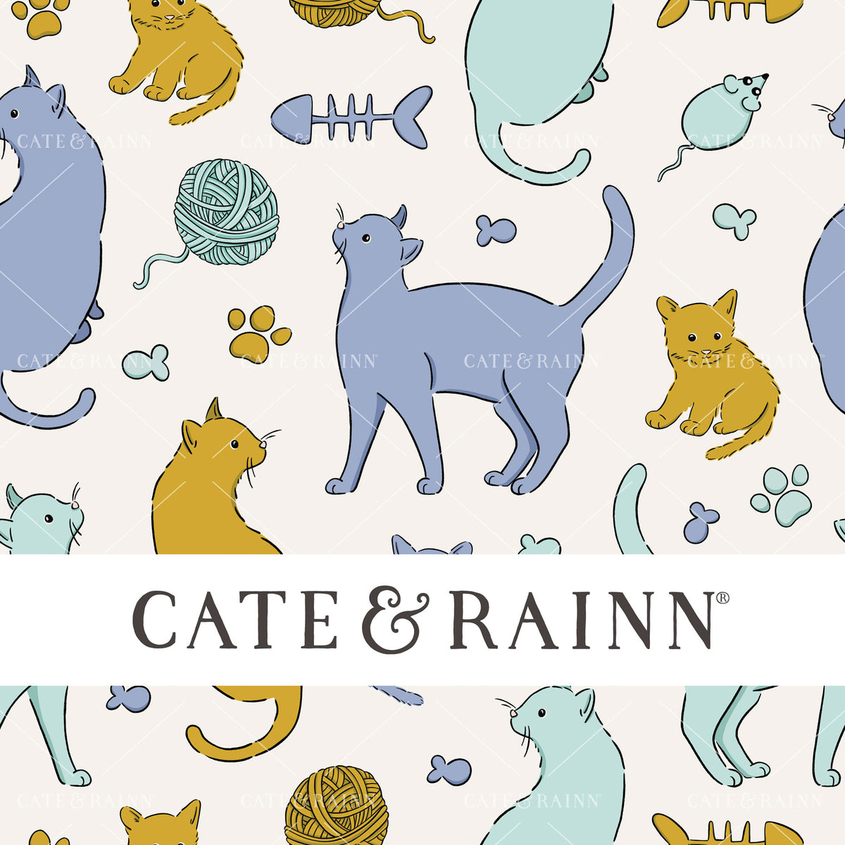 Colorful Blue and Yellow Cats Seamless Pattern | Pet Shop Collection