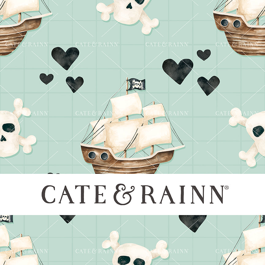Pattern with pirate ships, skulls, and hearts on a aqua blue background with 'Cate &amp; Rainn' branding.