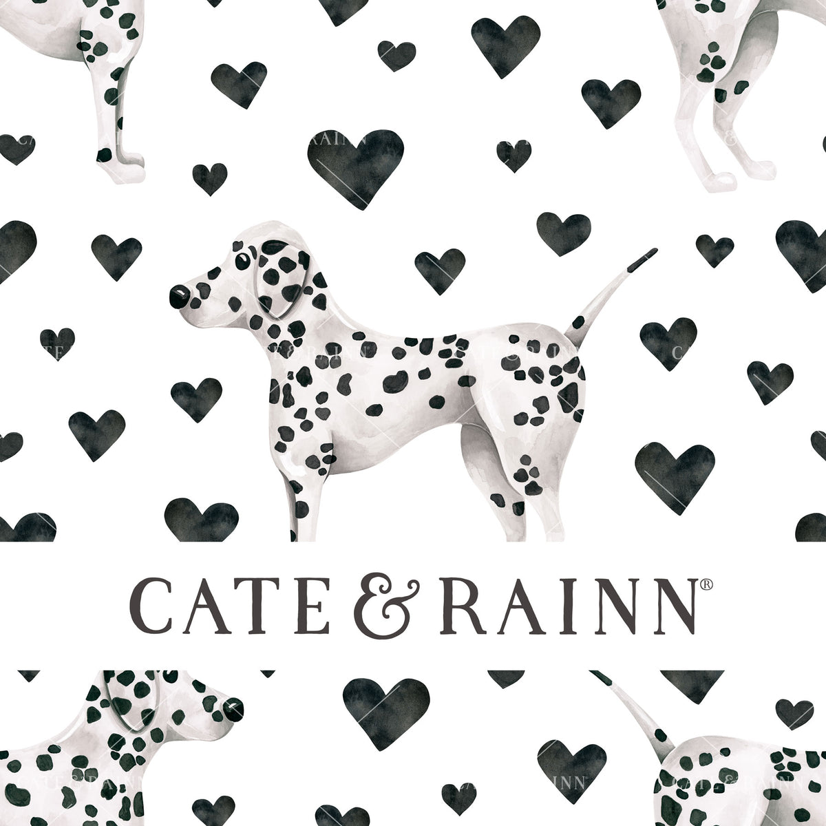 Pattern of Dalmatian dogs and hearts with 'Cate &amp; Rainn' branding on a white background.