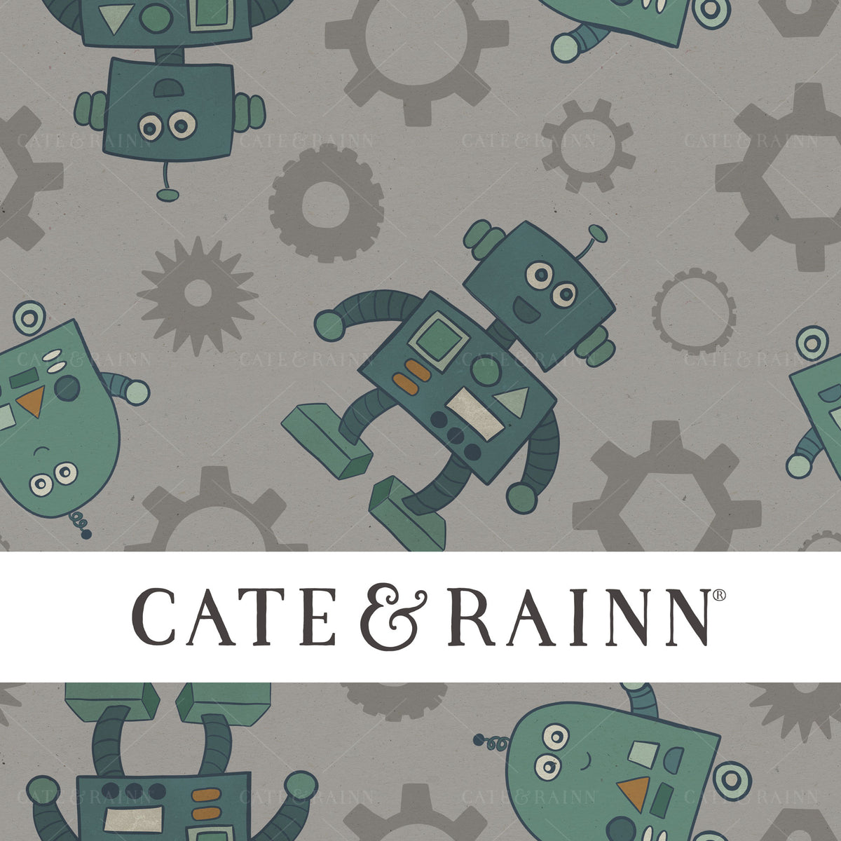 Retro Robots with Gears on Gray Seamless Pattern | Retro Kids Collection