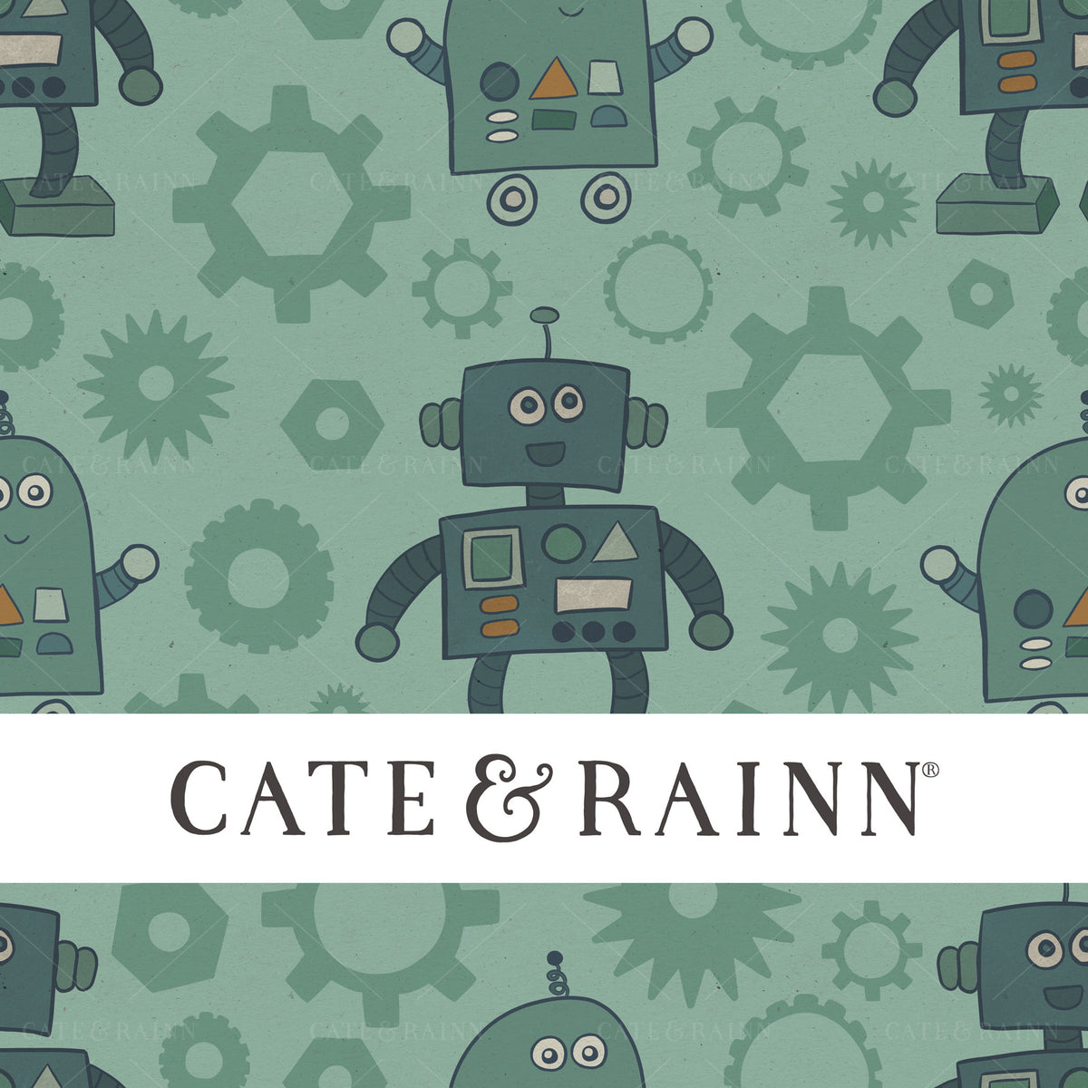 Retro Robots with Gears on Aqua Blue Seamless Pattern | Retro Kids Collection