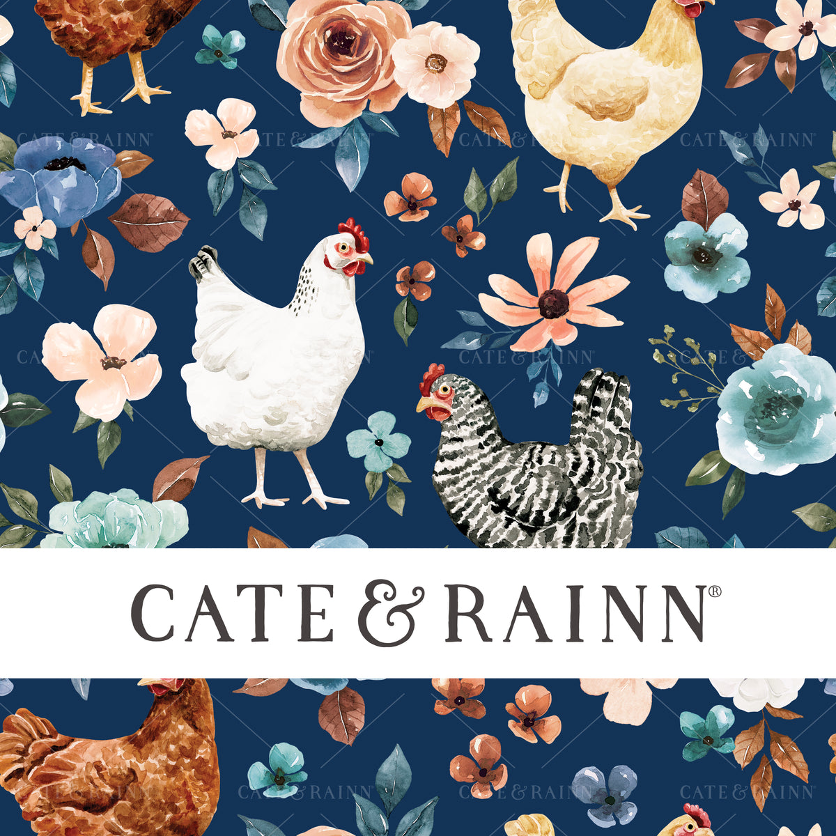 Watercolor Chicken Floral Seamless Pattern File by Cate &amp; Rainn®