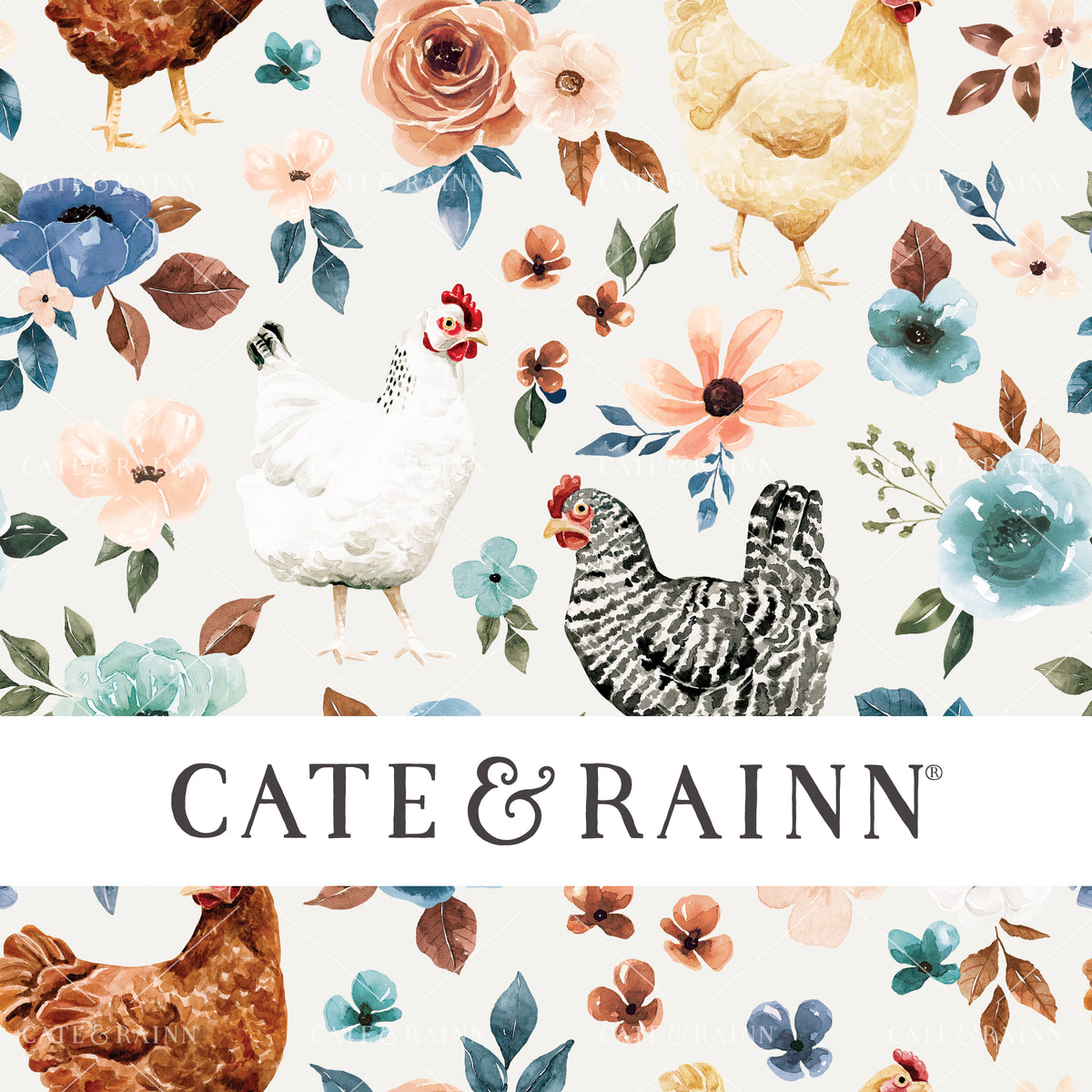 Watercolor Chicken Floral Seamless Pattern File by Cate &amp; Rainn®