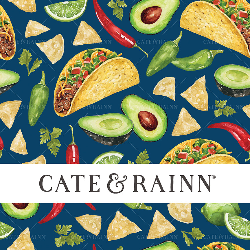 A watercolor pattern design with tacos, avocados, tortilla chips, cilantro, pepper and lime illustrations.