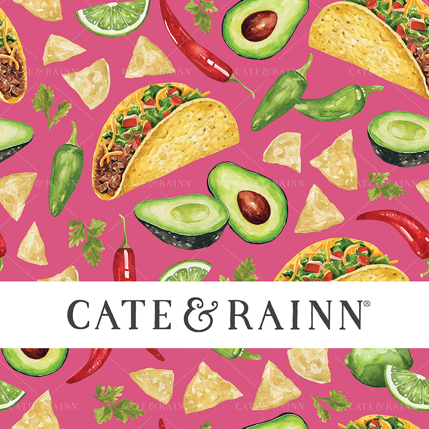A watercolor pattern design with tacos, avocados, tortilla chips, cilantro, pepper and lime illustrations.