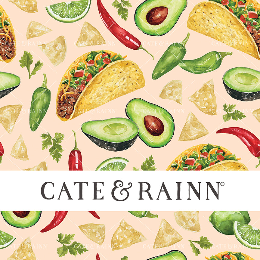 A watercolor pattern design with tacos, avocados, tortilla chips, cilantro, pepper and lime illustrations.