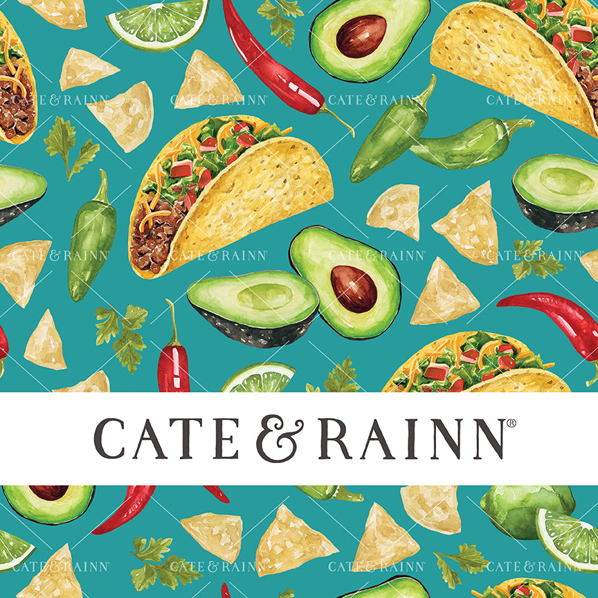 A watercolor pattern design with tacos, avocados, tortilla chips, cilantro, pepper and lime illustrations.