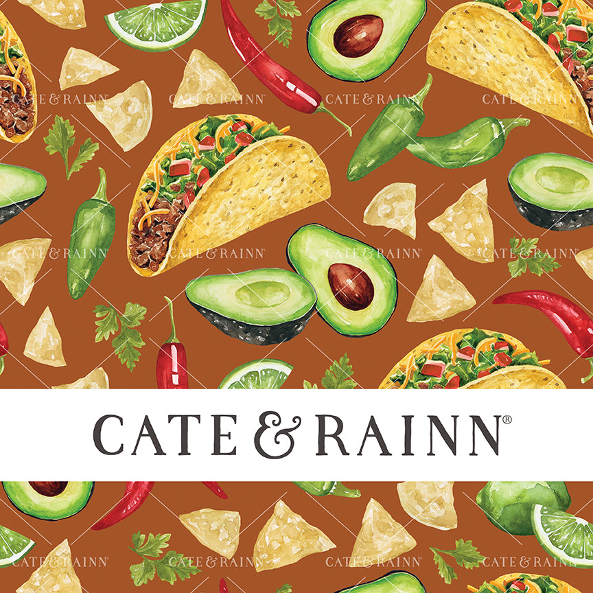A watercolor pattern design with tacos, avocados, tortilla chips, cilantro, pepper and lime illustrations.
