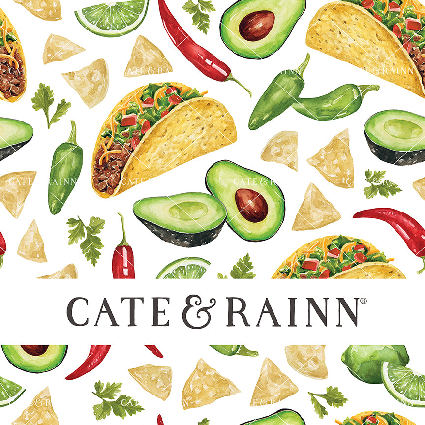 A watercolor design with tacos, avocados, tortilla chips, cilantro, pepper and lime illustrations.
