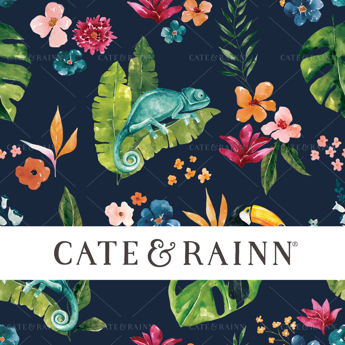 Jungle Animal Floral on Navy Blue Seamless Pattern | Tropical Jungle Collection