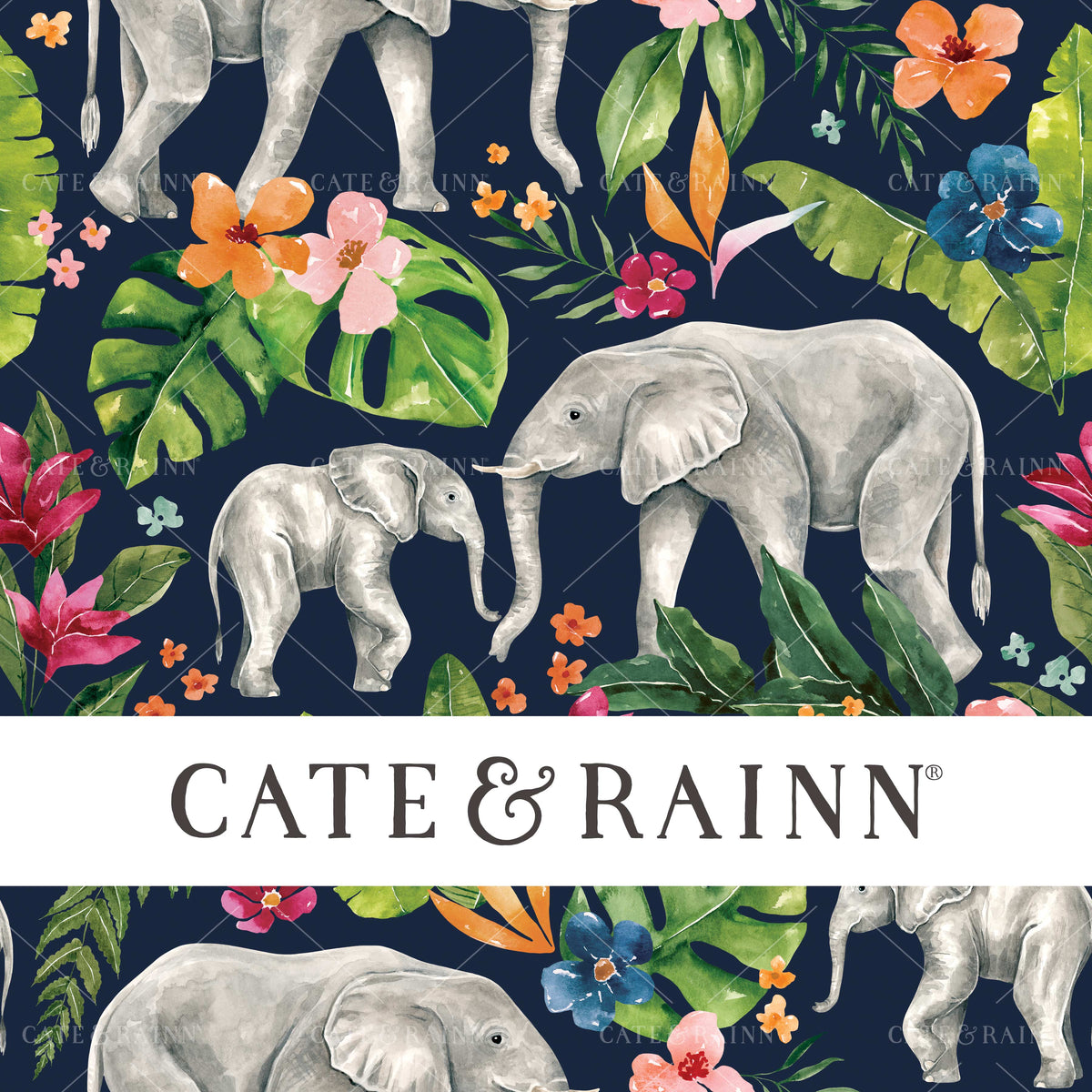 Jungle Elephant Floral on Navy Blue Seamless Pattern | Tropical Jungle Collection