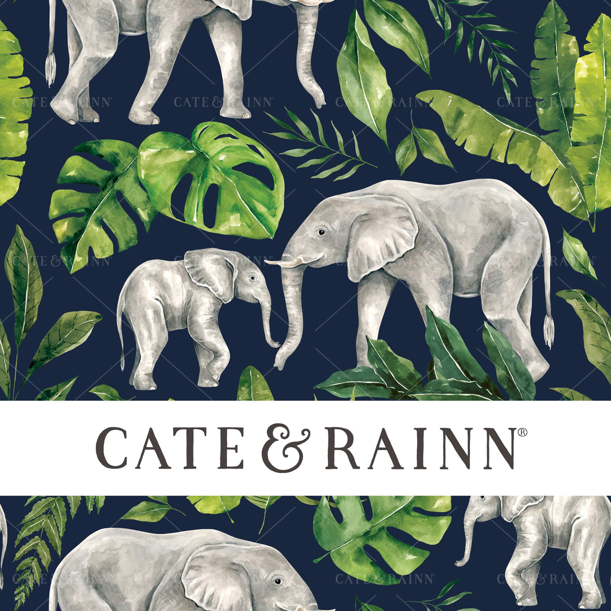 Jungle Elephants on Navy Blue Seamless Pattern | Tropical Jungle Collection