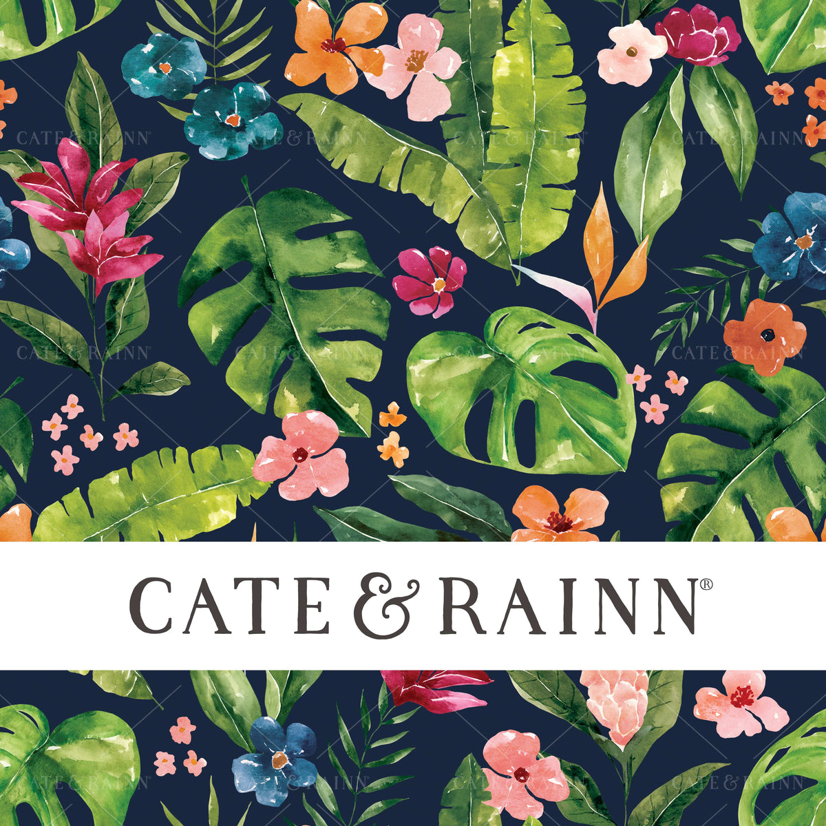 Watercolor Tropical Botanical Floral on Navy Blue Seamless Pattern | Tropical Jungle Collection