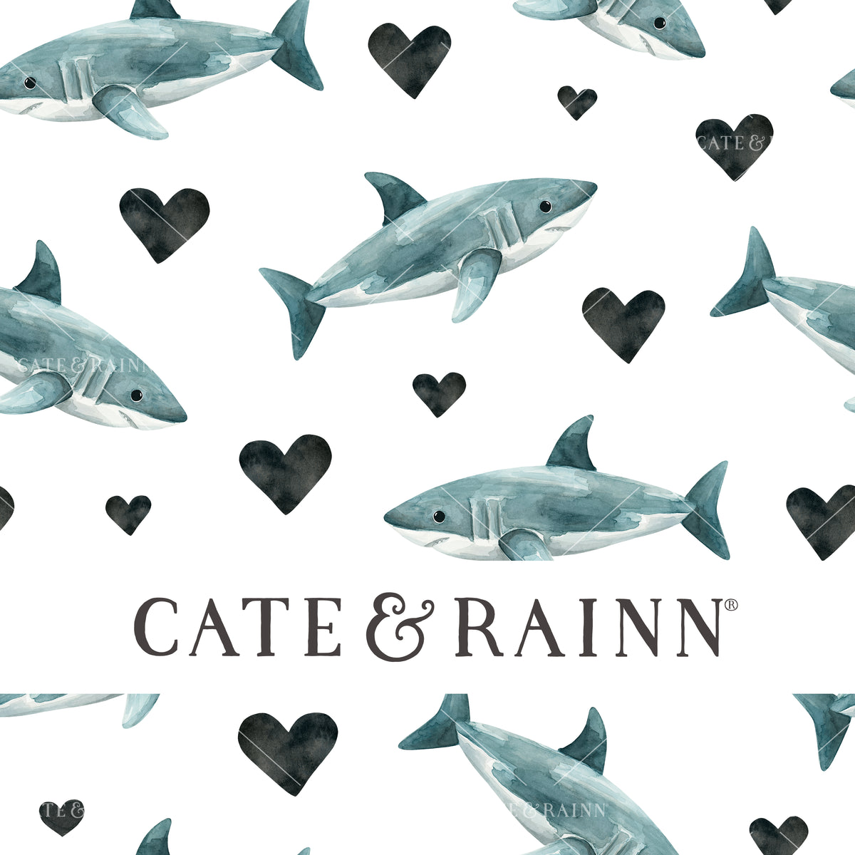 Pattern of sharks and hearts with 'Cate &amp; Rainn' branding on a white background