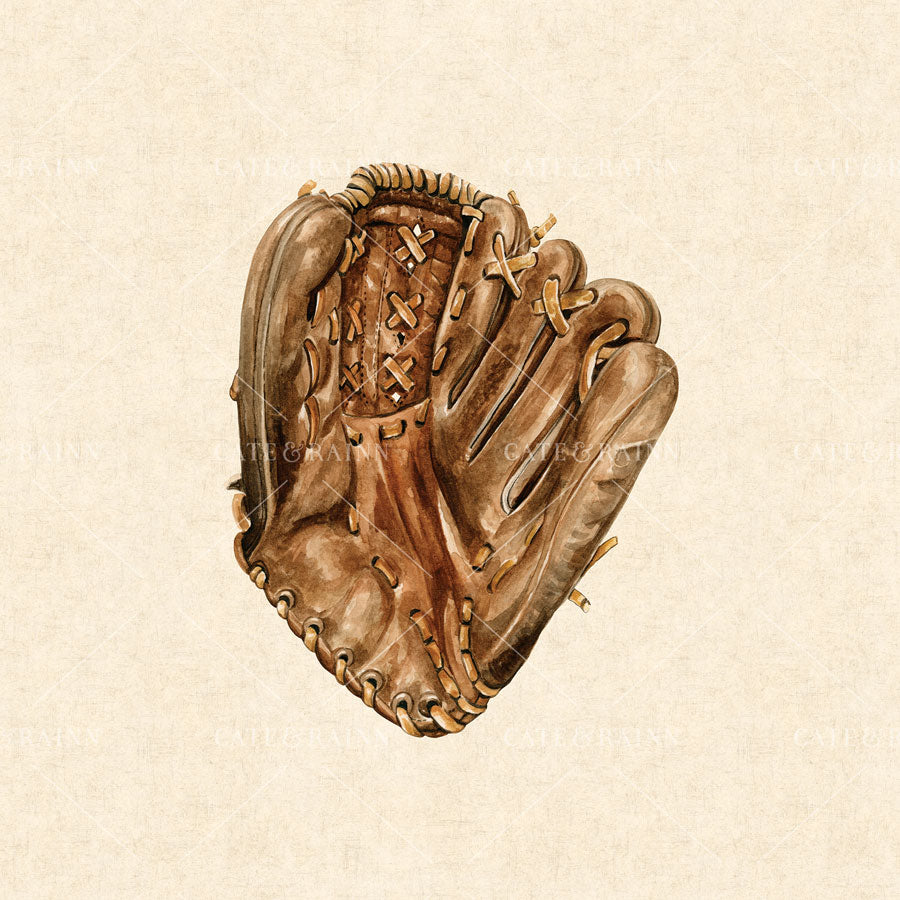 Watercolor Illustration of Baseball Glove on cream textured background