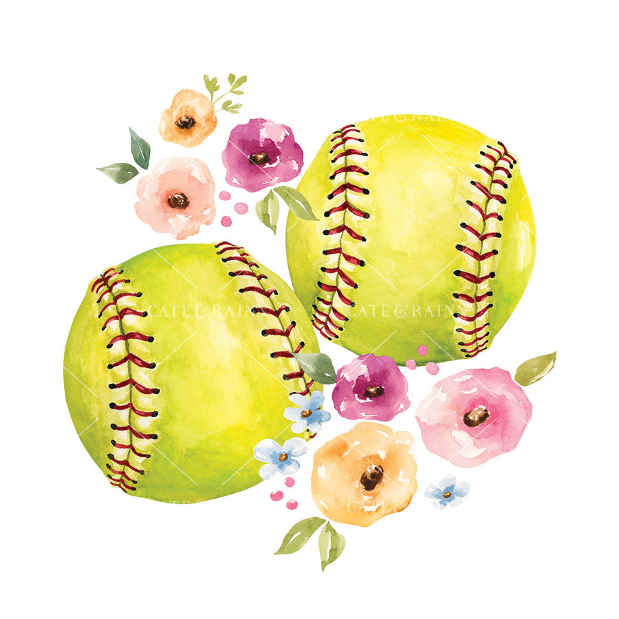 Two softball balls with floral decorations on a white background