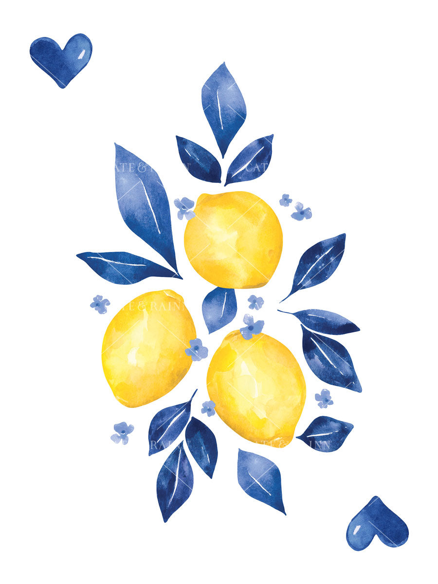 Decorative design with three yellow lemons and blue leaves on a white background