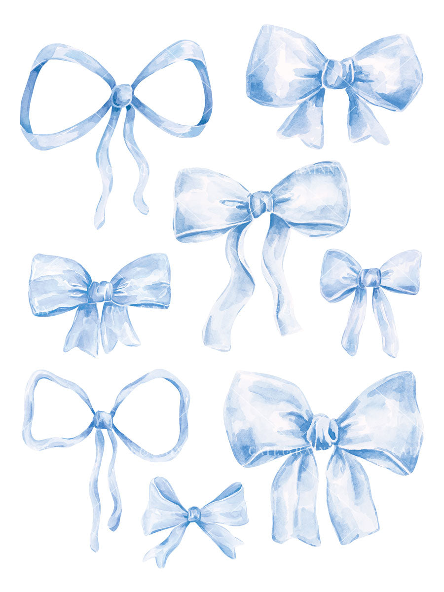 Set of blue watercolor bows on a white background