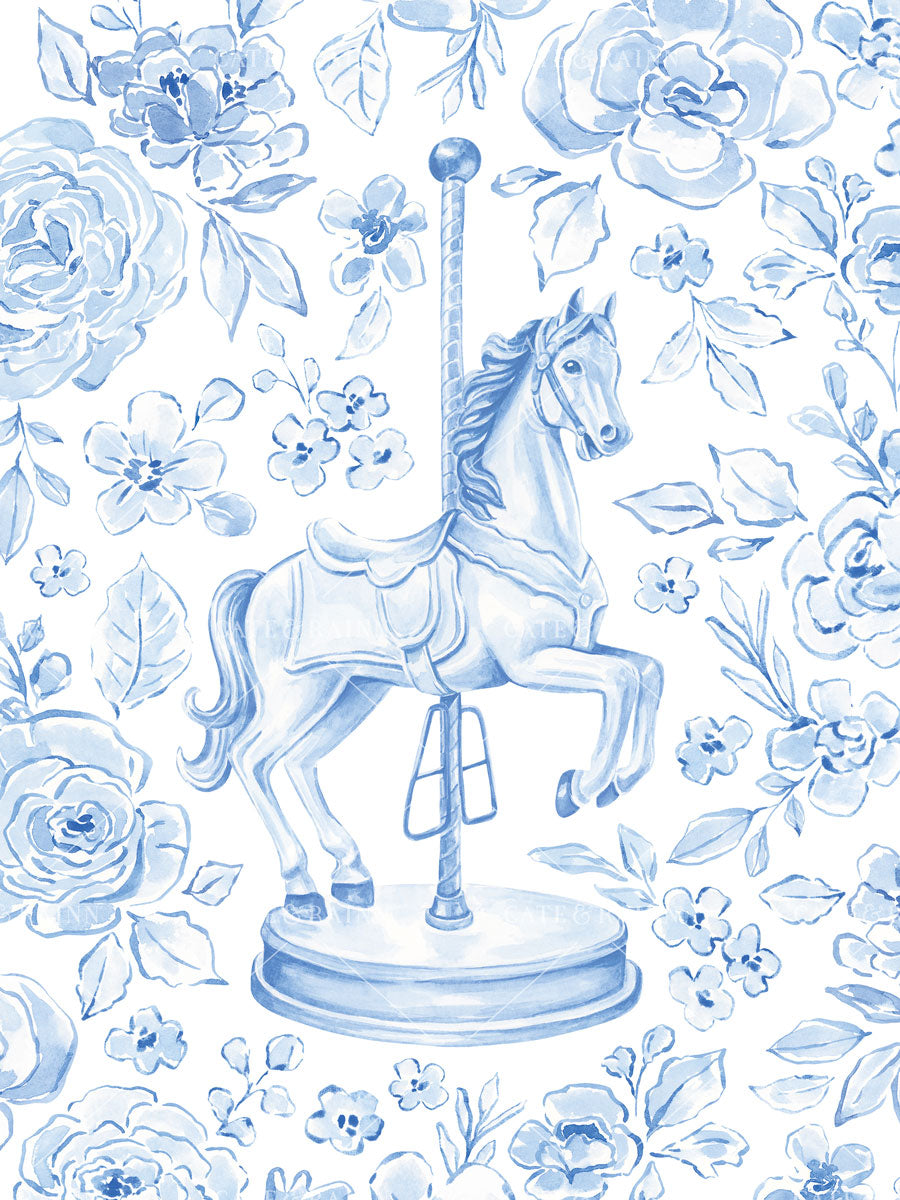 Blue carousel horse on a floral patterned background
