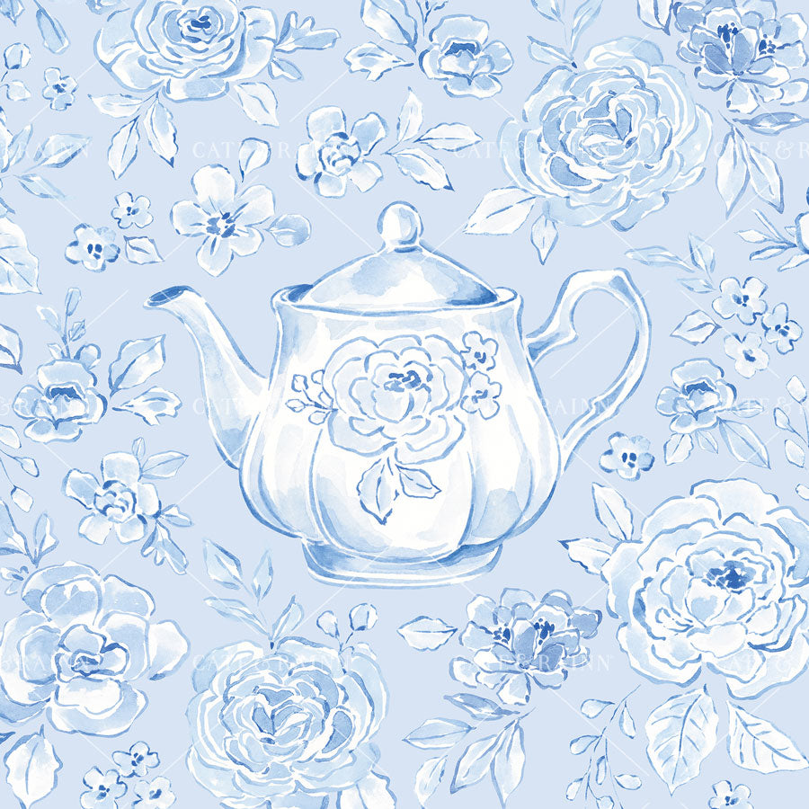 Teapot with floral design on a light blue floral patterned background