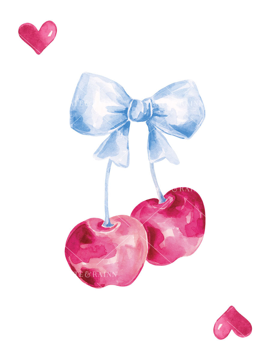 Pink cherries with a blue bow and playing card hearts on a white background