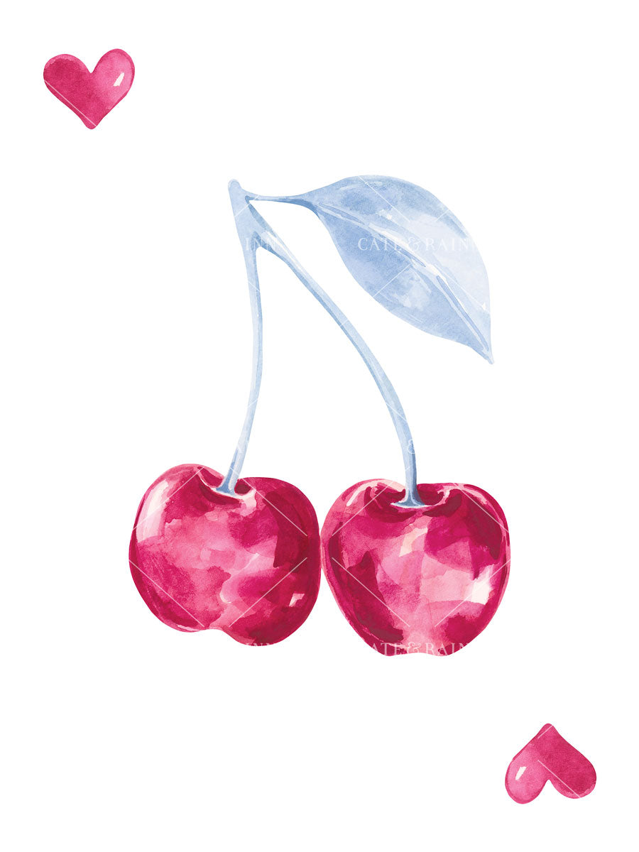 Illustration of two pink cherries with playing card hearts on a white background